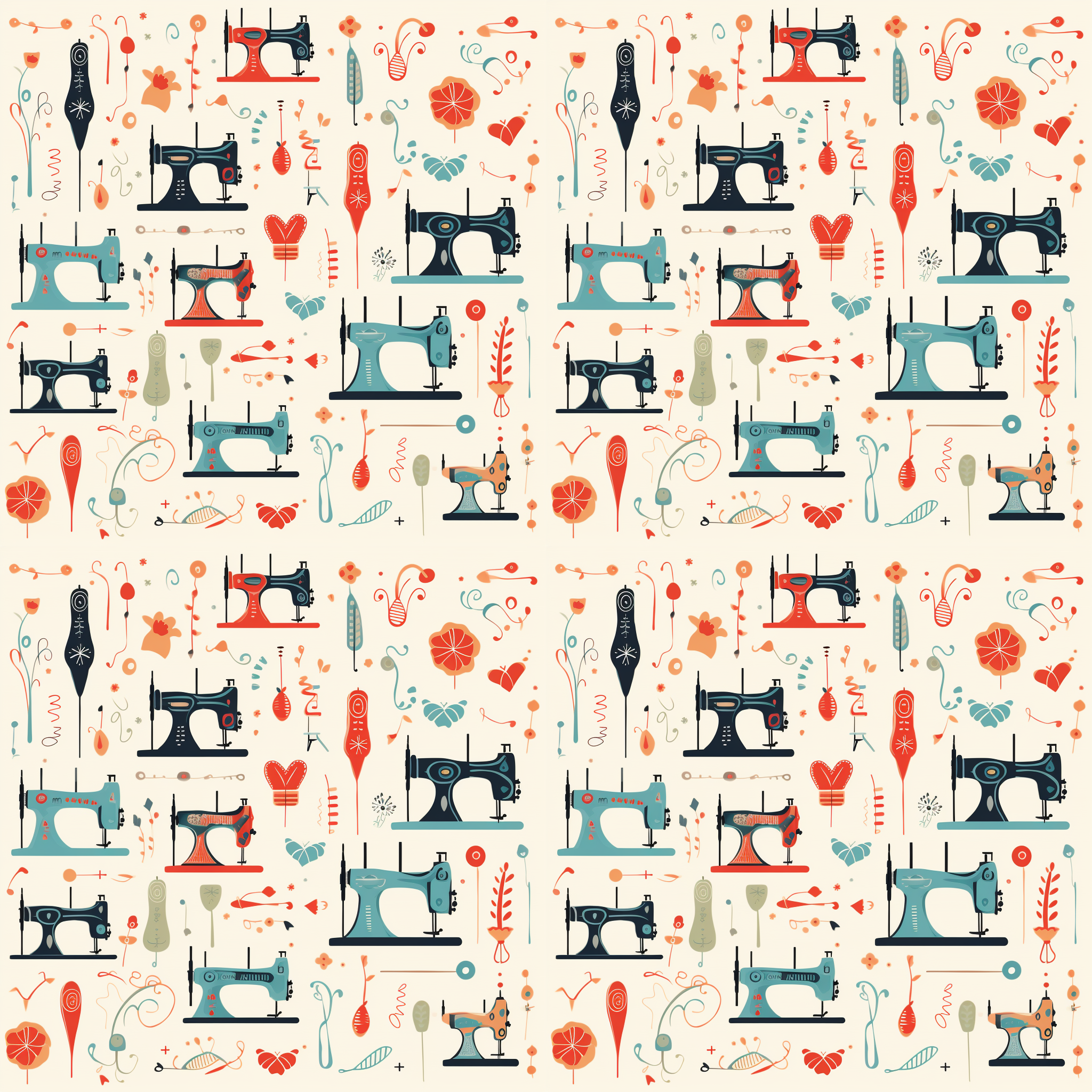 Patterned fabric with illustrations of vintage sewing machines, scissors, flowers, buttons, and needles in orange, blue, and gray hues, arranged in a repeating design.
