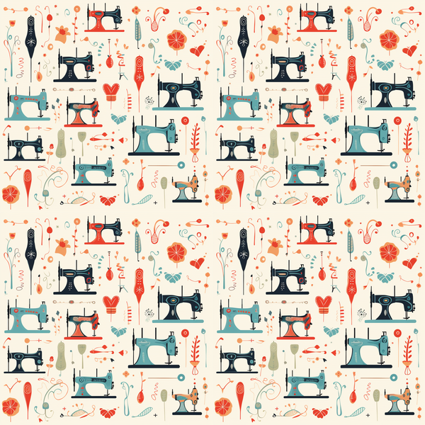 Patterned fabric with illustrations of vintage sewing machines, scissors, flowers, buttons, and needles in orange, blue, and gray hues, arranged in a repeating design.