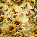 Sunflowers with green leaves and orange butterflies on a textured, vintage-looking background with diamond patterns.