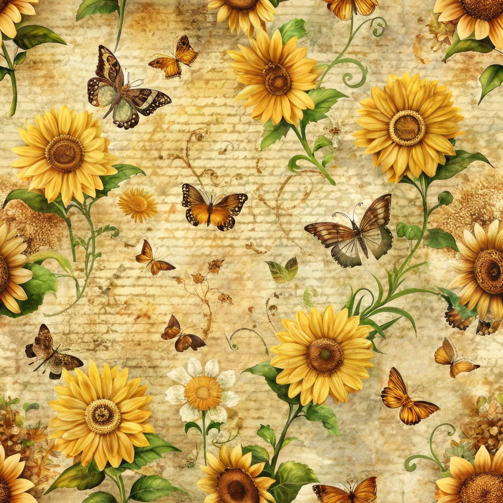 Sunflowers and butterflies on a sepia-toned background with vintage writing.