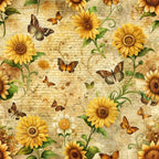 Sunflowers and butterflies on a sepia-toned background with vintage writing.