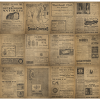 A collage of vintage advertisements featuring products like mattresses, whiskey, cocoa, cigars, and plays. Text-heavy layout with various font styles typical of early 20th-century print media.