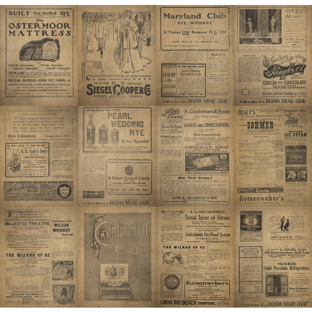 A collage of vintage advertisements featuring products like mattresses, whiskey, cocoa, cigars, and plays. Text-heavy layout with various font styles typical of early 20th-century print media.