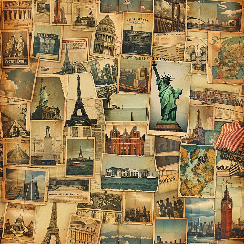 A collage of vintage postcards and images featuring landmarks like the Statue of Liberty, Eiffel Tower, and various historic buildings and maps.