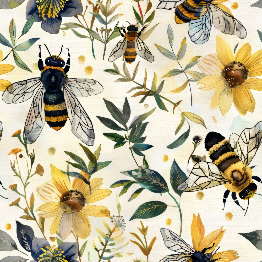 Illustration of bees and various flowers with green leaves on a light background, showing multiple bees and blooms in a repeated pattern.