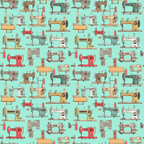 Pattern of vintage sewing machines and spools of thread in various colors on a light blue background.