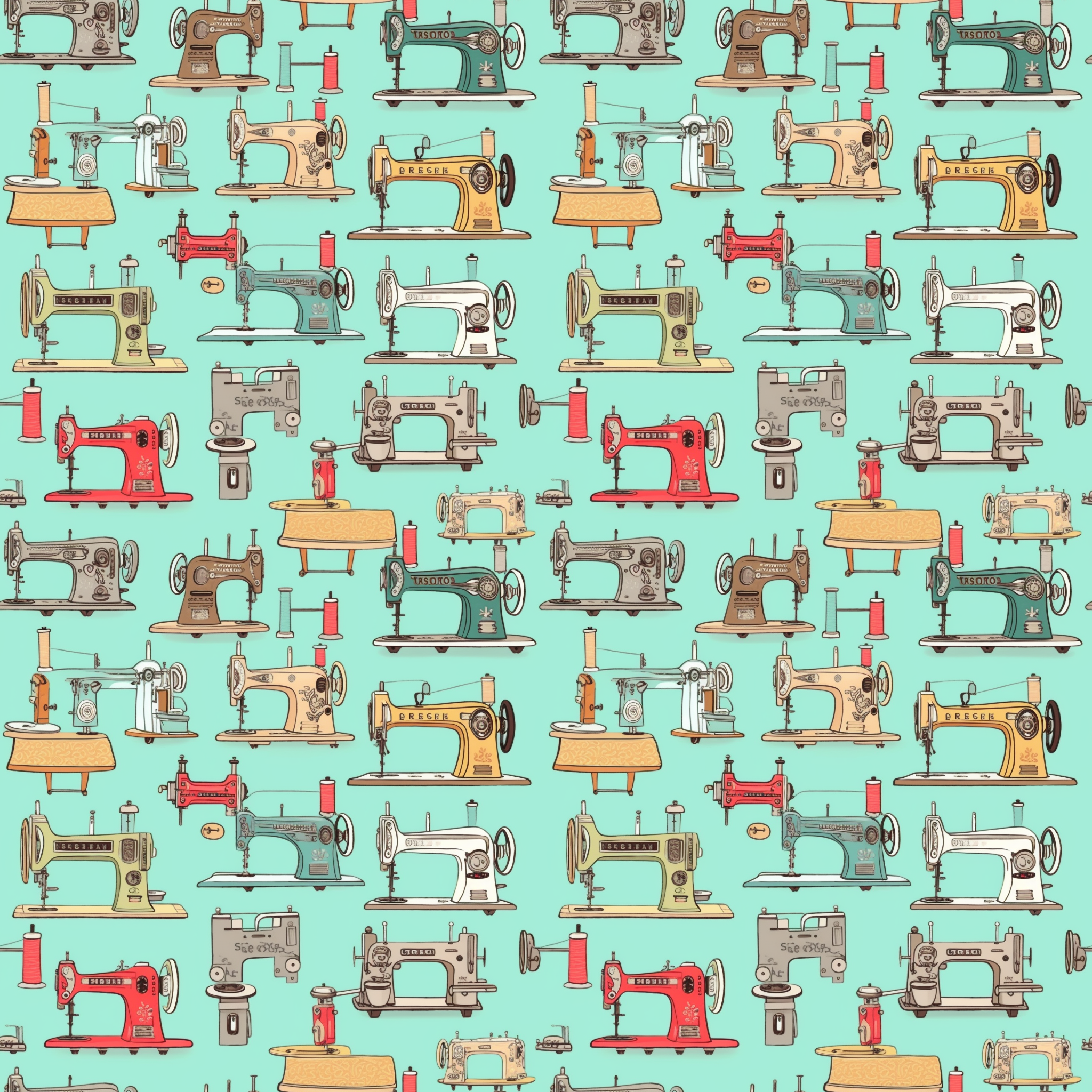Pattern of vintage sewing machines and spools of thread in various colors on a light blue background.