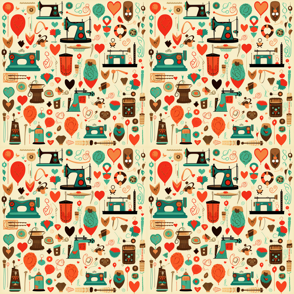 Pattern featuring sewing machines, thread, scissors, buttons, hearts, and balloons in red, teal, and brown tones on a beige background.