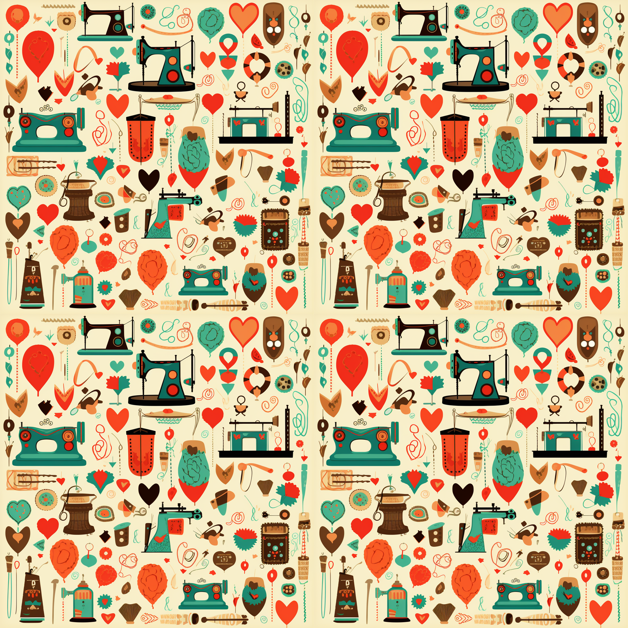 Pattern featuring sewing machines, thread, scissors, buttons, hearts, and balloons in red, teal, and brown tones on a beige background.