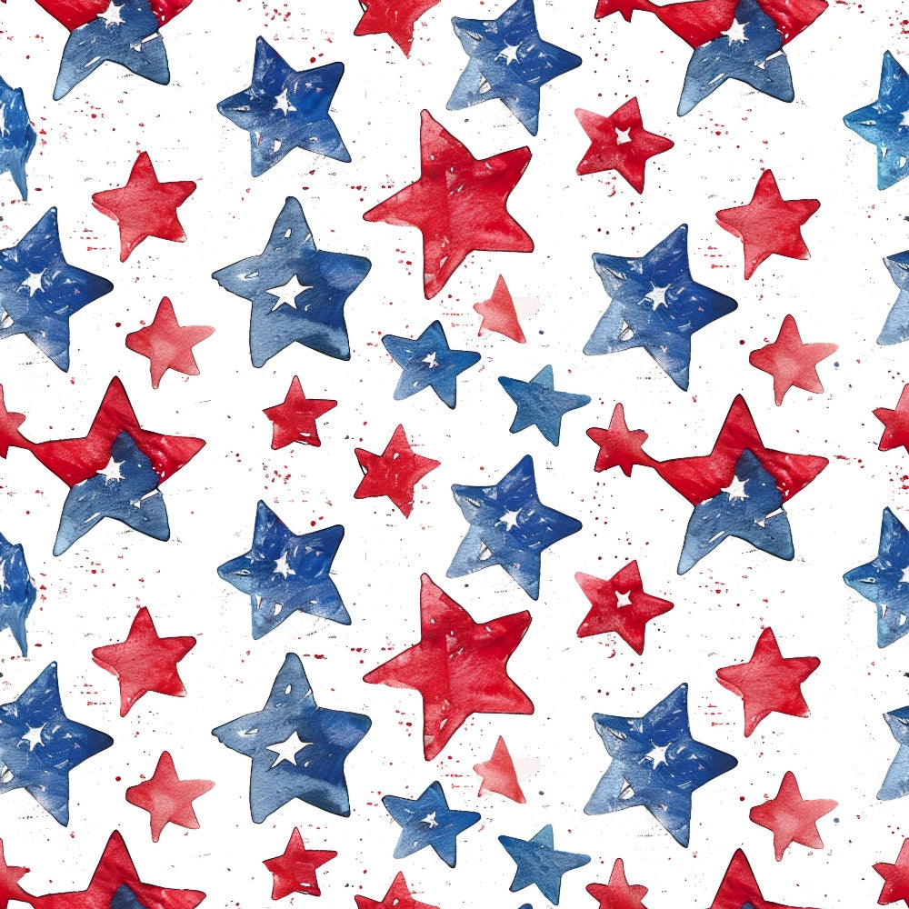Pattern of red and blue watercolor stars with white star cutouts in some, on a white background.