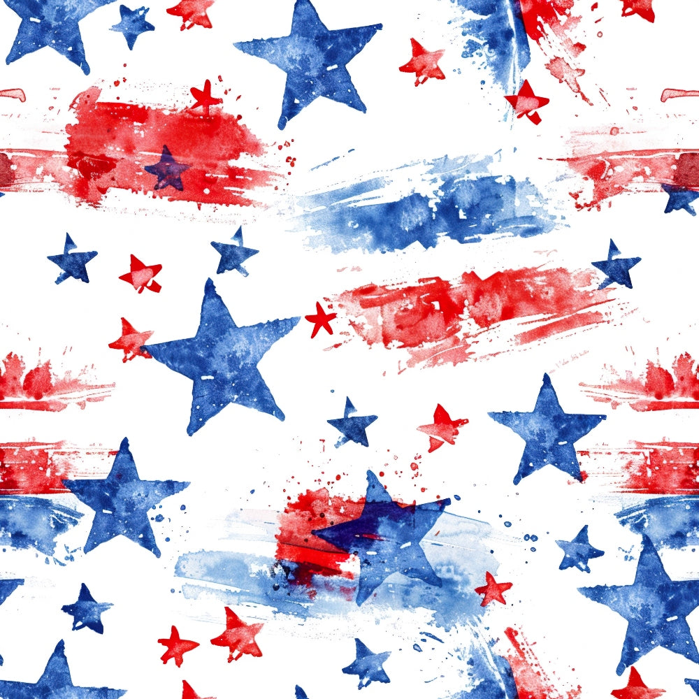 A watercolor pattern featuring blue stars and red, blue brushstrokes on a white background.