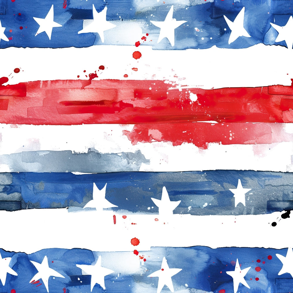 Abstract American flag pattern with blue and red watercolor stripes, white stars, and paint splatters on a white background.