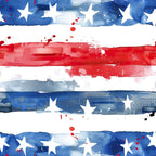 Abstract American flag pattern with blue and red watercolor stripes, white stars, and paint splatters on a white background.