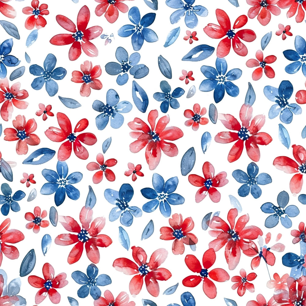 A watercolor floral pattern with red and blue flowers and leaves scattered on a white background.