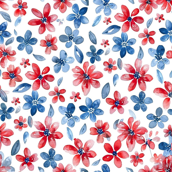 A watercolor floral pattern with red and blue flowers and leaves scattered on a white background.