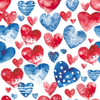Pattern of red, white, and blue watercolor hearts with various designs, including stripes, stars, and solid colors, on a white background.