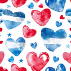 Watercolor painting of red and blue hearts and stars on a white background.