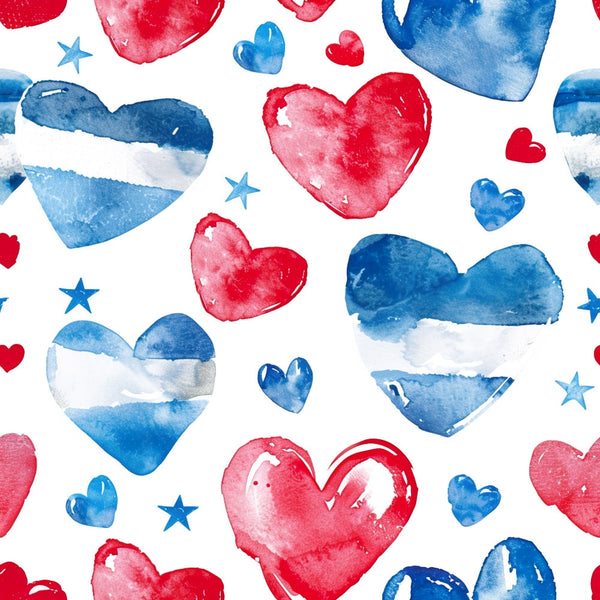 Watercolor painting of red and blue hearts and stars on a white background.