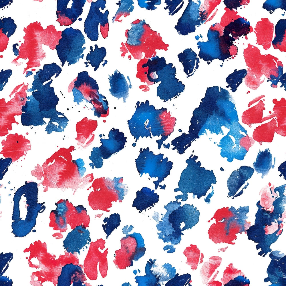 Abstract pattern of red, blue, and white paint splashes scattered randomly on a canvas.