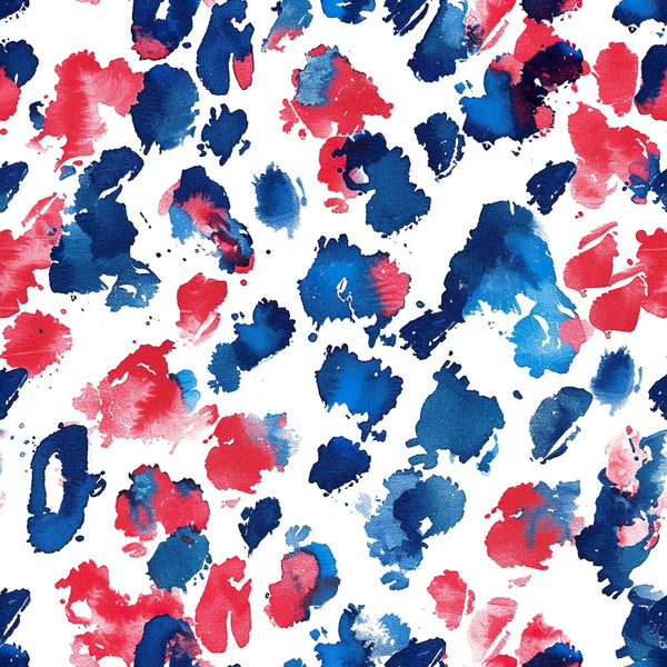 Abstract pattern of red, blue, and white paint splashes scattered randomly on a canvas.