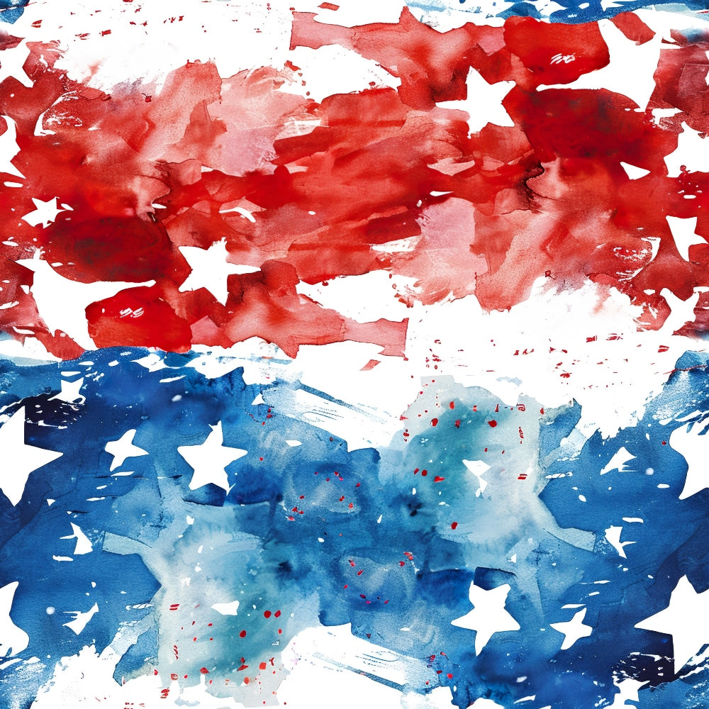 Abstract artwork with red and blue watercolor splashes, featuring white star patterns throughout.