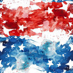 Abstract artwork with red and blue watercolor splashes, featuring white star patterns throughout.