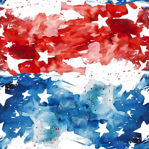 Abstract artwork with red and blue watercolor splashes, featuring white star patterns throughout.