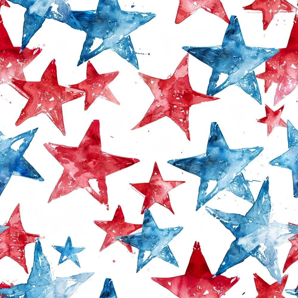Red and blue watercolor stars scattered on a white background.