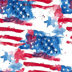 Abstract painting with red and blue brush strokes resembling a deconstructed American flag. White stars appear scattered on blue patches.