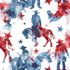 Watercolor pattern of cowboys, horses, and stars in red and blue tones on a white background.