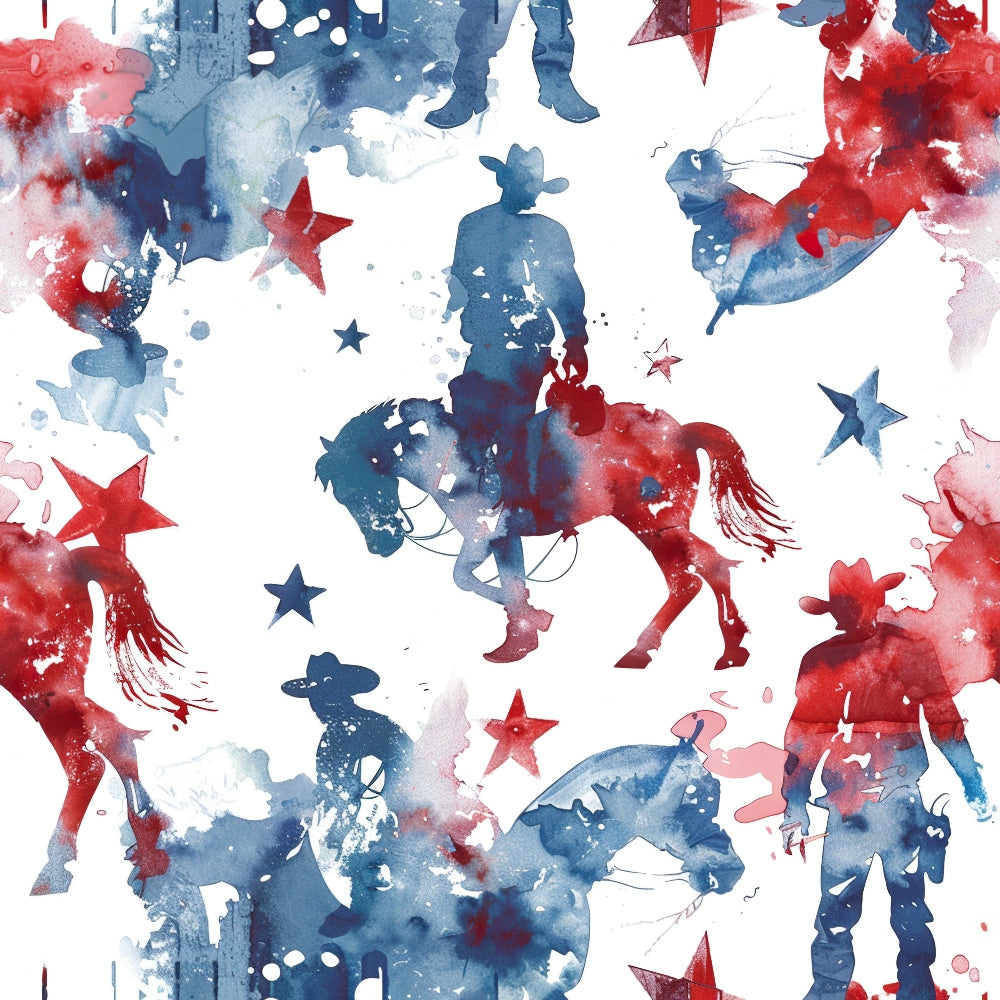 Watercolor pattern of cowboys, horses, and stars in red and blue tones on a white background.