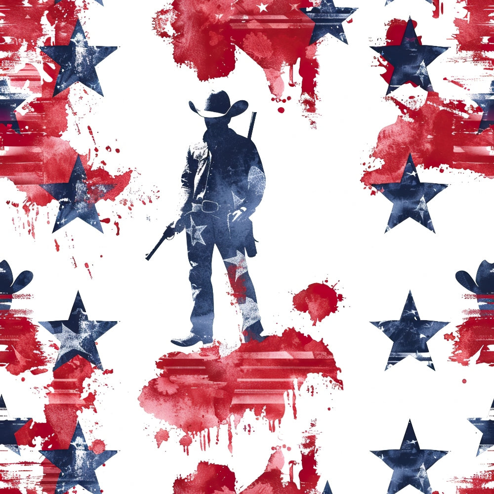 Silhouette of a cowboy with a rifle against a background of red and blue stars and splatters on a white backdrop.