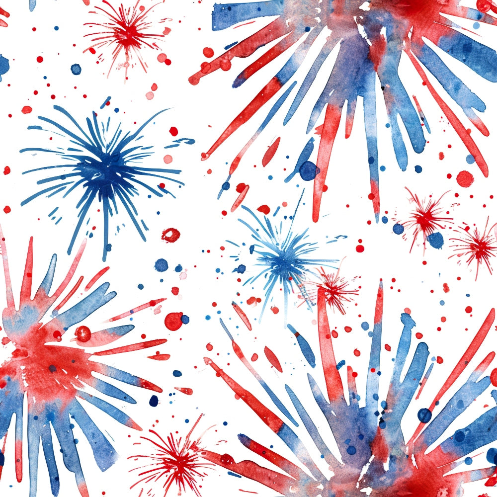Watercolor pattern of red and blue fireworks with splashes on a white background.