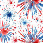 Watercolor pattern of red and blue fireworks with splashes on a white background.