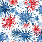 Watercolor pattern with red and blue splashes resembling fireworks on a white background.