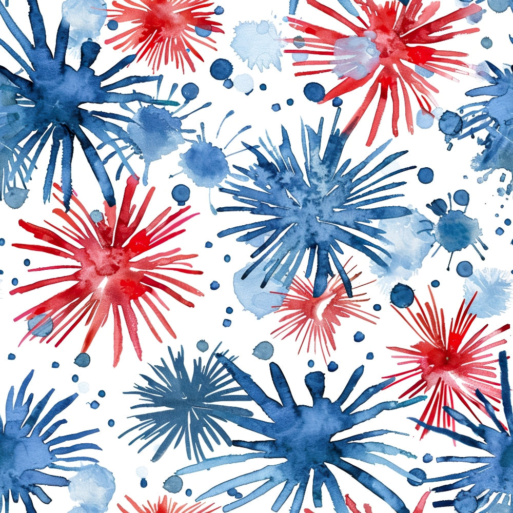 Watercolor pattern with red and blue splashes resembling fireworks on a white background.