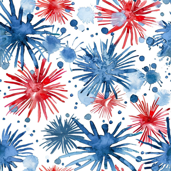 Watercolor pattern with red and blue splashes resembling fireworks on a white background.