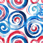 Abstract watercolor painting of red and blue spirals on a white background, with some paint splashes.
