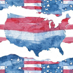 Map of the United States filled with watercolor stripes in red, white, and blue. The background features elements of the American flag.