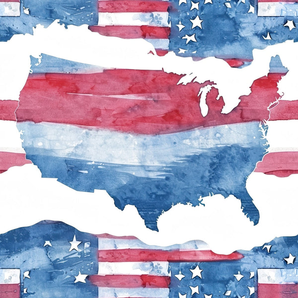 Map of the United States filled with watercolor stripes in red, white, and blue. The background features elements of the American flag.