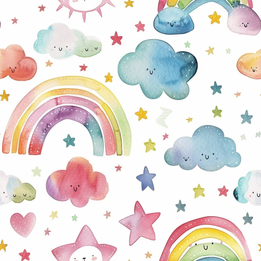 Colorful watercolor pattern featuring rainbows, clouds with faces, stars, and hearts on a white background.
