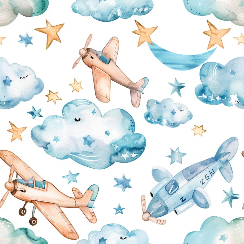 Pattern of vintage airplanes, clouds, stars, and a crescent moon in pastel colors on a white background.