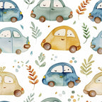 Illustration of smiling, colorful cartoon cars in blue, green, and yellow, surrounded by whimsical leaves and dots on a white background.