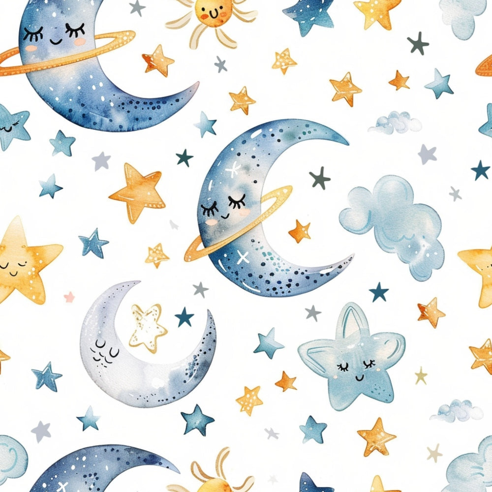 Illustration of smiling suns, moons with rings, stars, and clouds, in blue, yellow, and orange on a white background.
