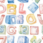 Colorful watercolor letters and numbers in various pastel shades arranged randomly on a white background.