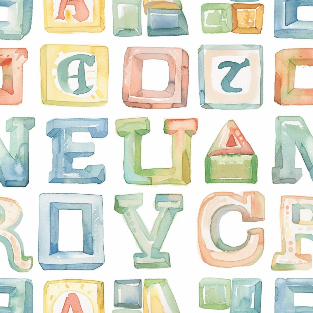 Watercolor illustration of colorful alphabet blocks arranged in a grid. Blocks feature stylized letters A to Z in varying colors and perspectives on a white background.