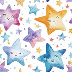 Colorful, smiling stars with various expressions and sizes are scattered across a white background, surrounded by small dots and stars.