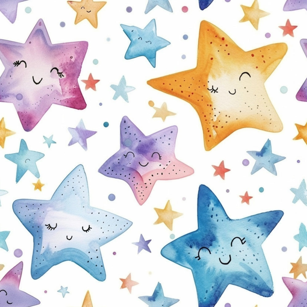 Colorful, smiling stars with various expressions and sizes are scattered across a white background, surrounded by small dots and stars.