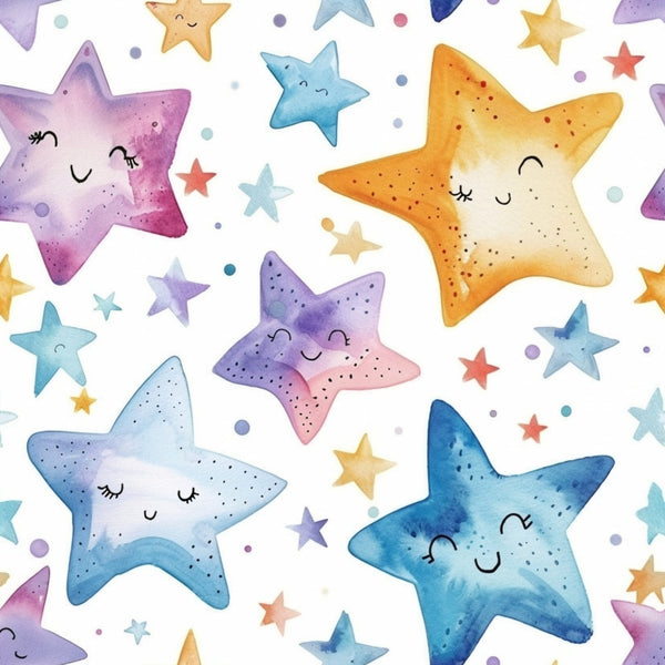 Colorful, smiling stars with various expressions and sizes are scattered across a white background, surrounded by small dots and stars.