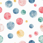 Pattern of colorful watercolor circles in various sizes on a white background. Colors include red, blue, green, and yellow.